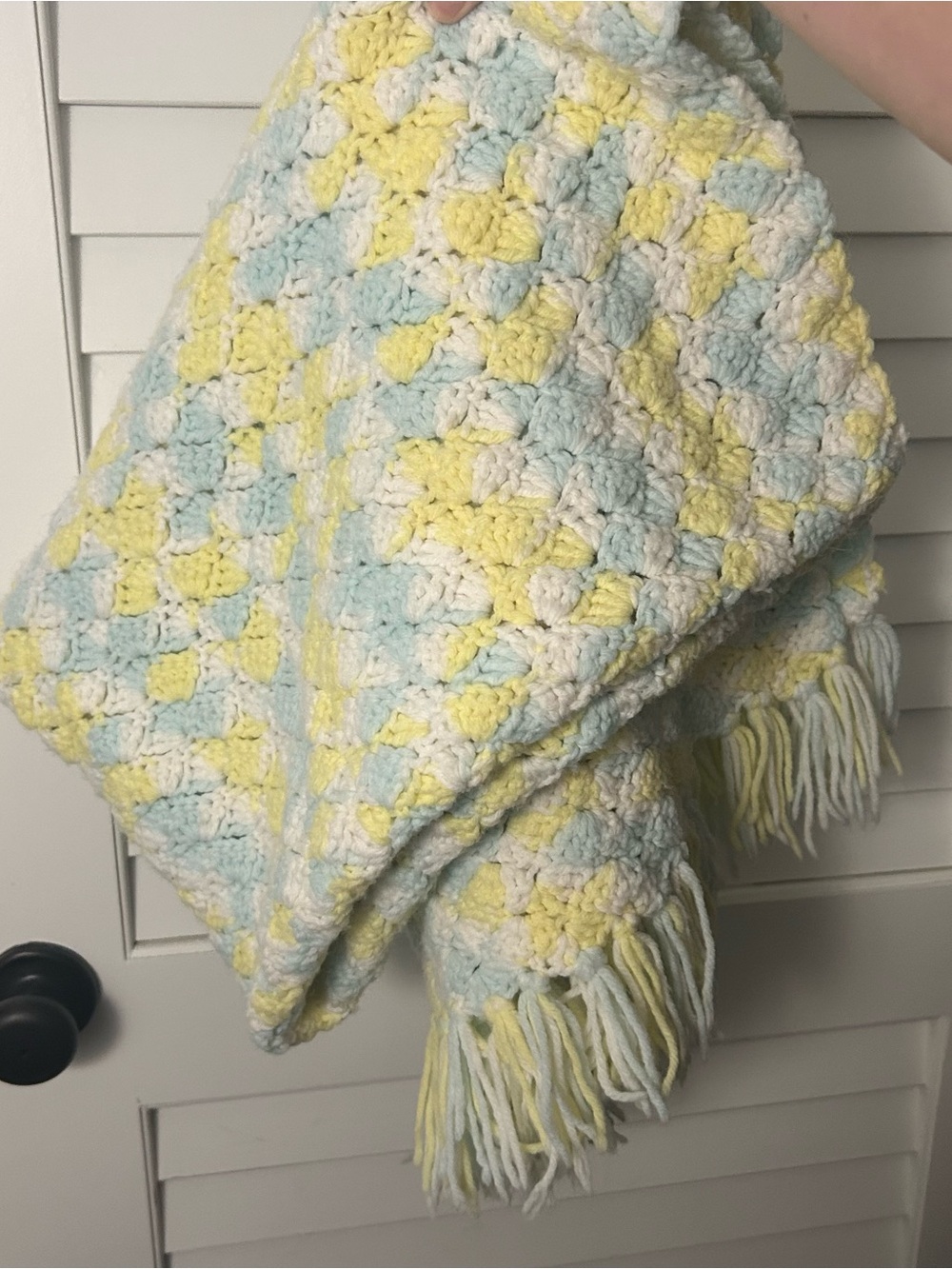Handmade Crochet Baby Blanket Blue Yellow White